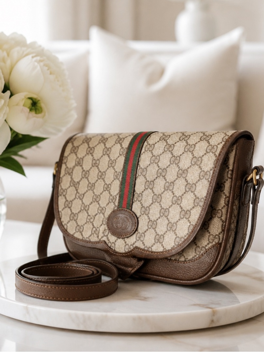 Gucci Beige/Brown Monogram Crossbody with Green-Red Stripe